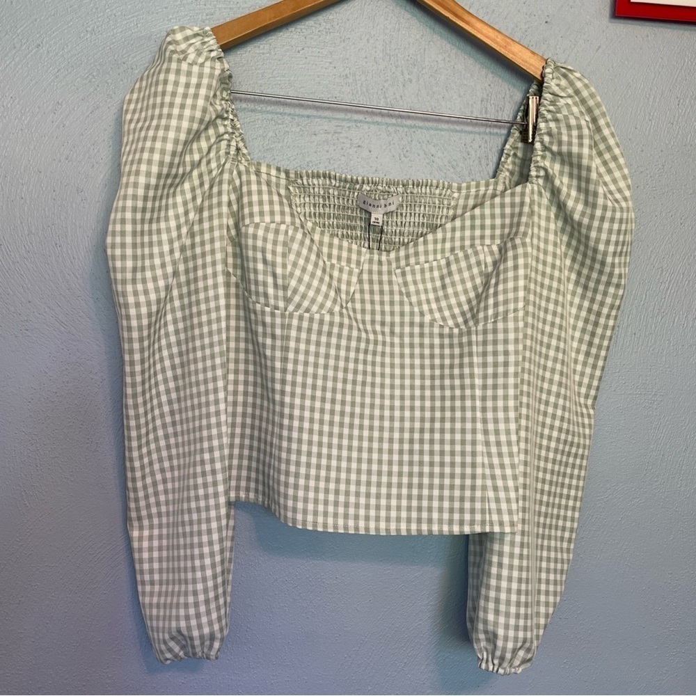 Gianni Bini women’s size 10 top NWT Green Gingham Cropped Elastic Neck